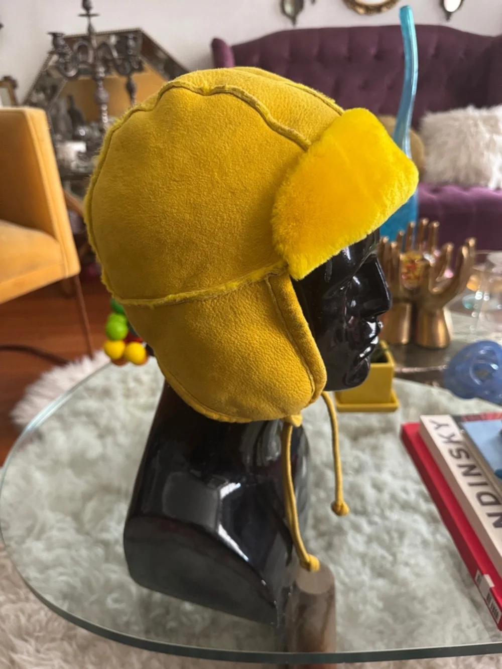J.Crew Genuine Suede Shearling Trapper Aviator Hat Yellow Fur Lined Vinatge